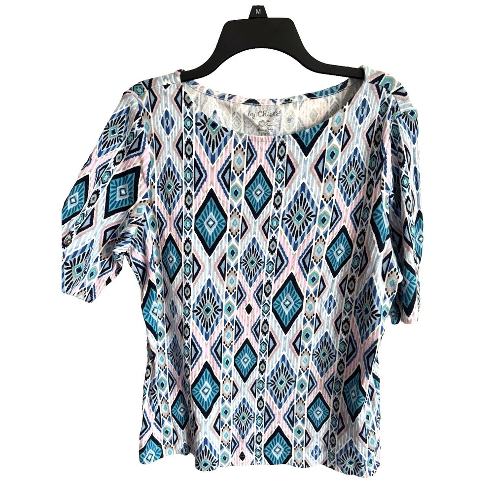 Chico's Blue Diamond Short Sleeve Top XL Buttons on Sleeve 2 NWOT